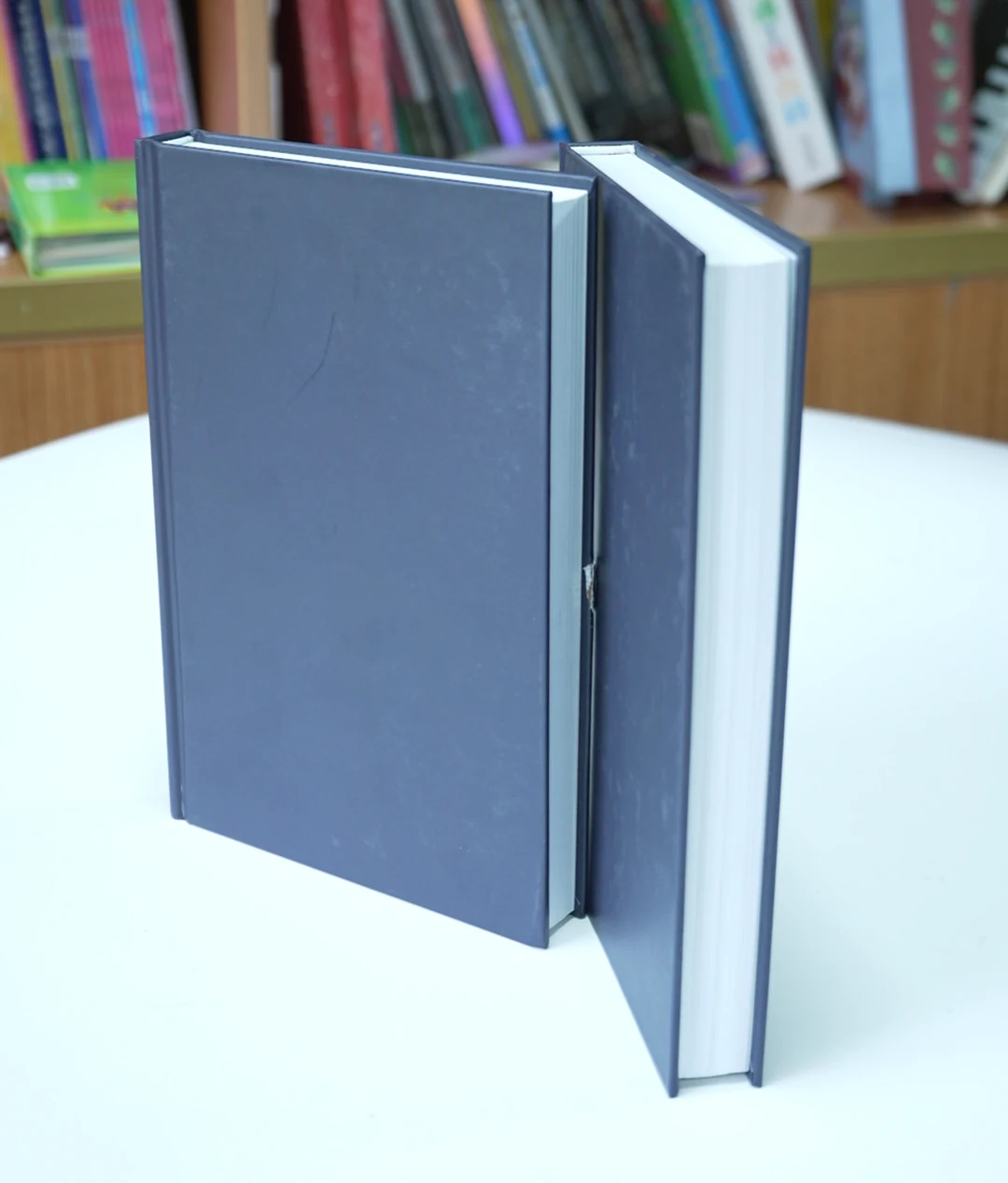 Two plain dark hardcover samples showing the covers and white page blocks.