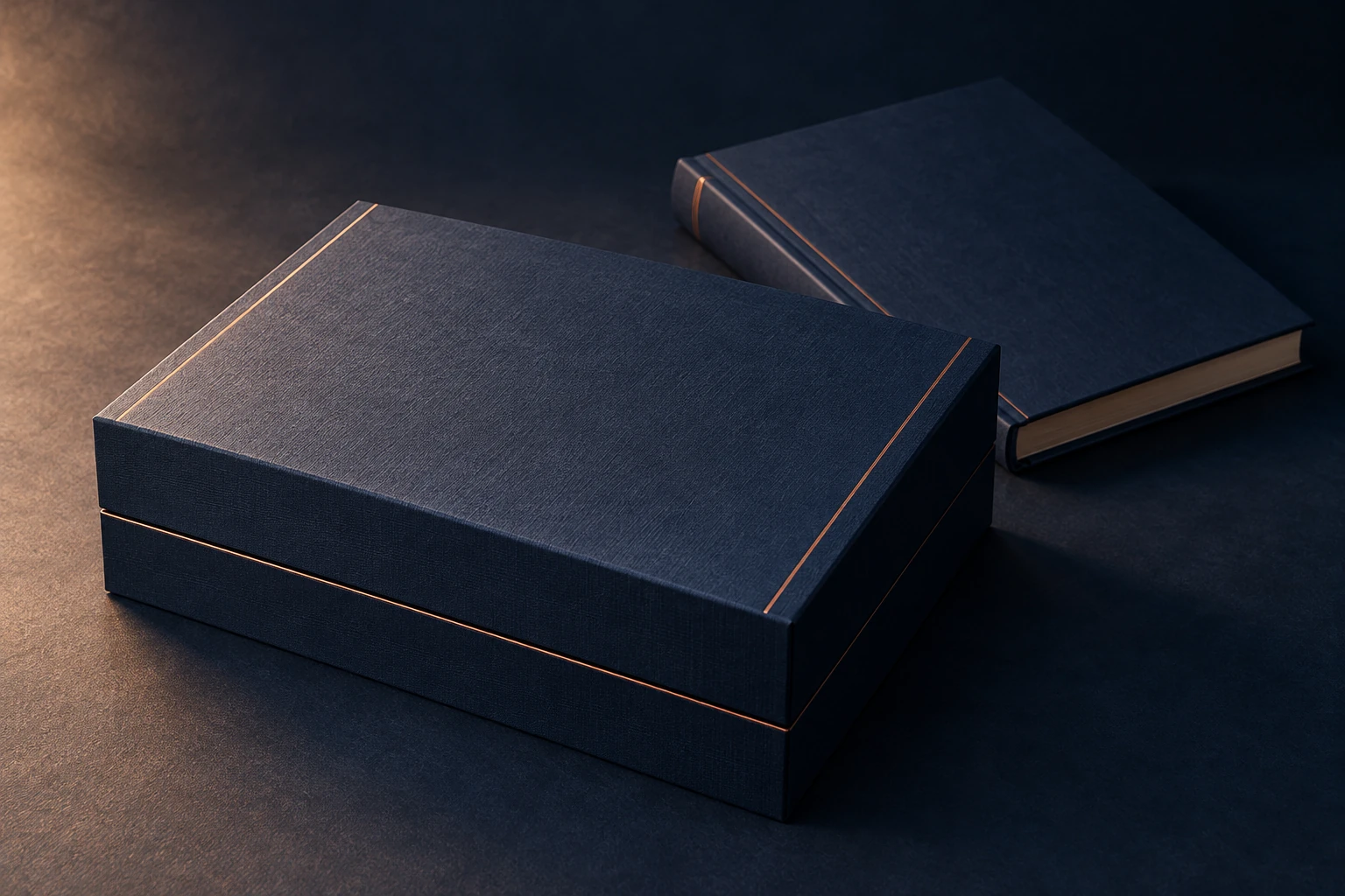 AI-generated concept of navy rigid packaging and a hardcover book with metallic details.